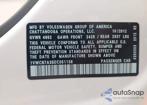 2013 Volkswagen Passat 2.0L Tdi Sel Premium z USA, uszkodzony, nr VIN 1VWCN7A35DC051138
